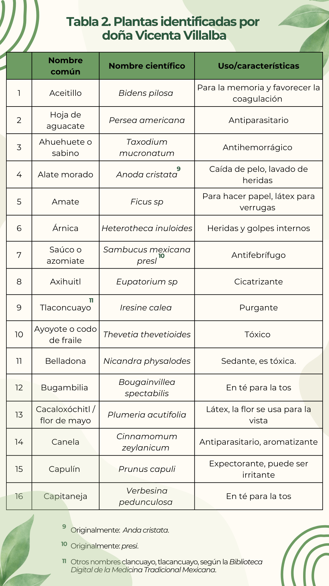 Tabla 2. Plantas identificadas por doña Vicenta Villalba (1 de 3)